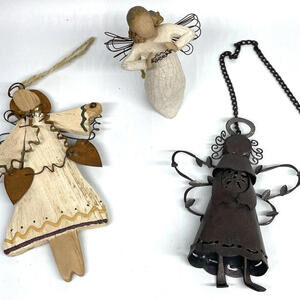 Rustic Angel Christmas Ornaments LOT of 3‎ Wood Metal Willow Tree